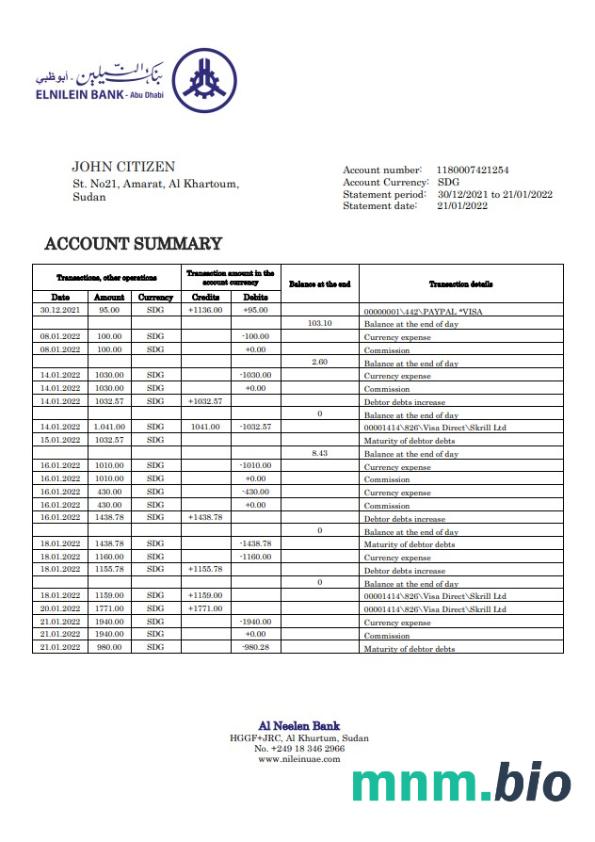 Sudan Al Neelen wyciąg bankowy xls